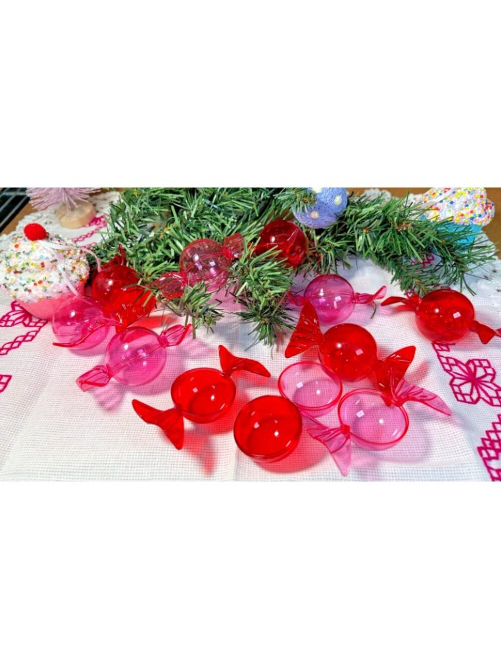 Plastic Candy-Themed Ornaments In Red & Pink For Holiday Tree Decor - Picture 4 of 14